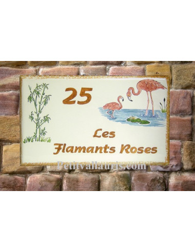 Plaque pour maison en céramique émaillée décor Flamant rose