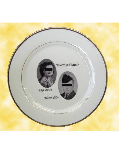 Assiette porcelaine personnalisée filet or avec 2 photos