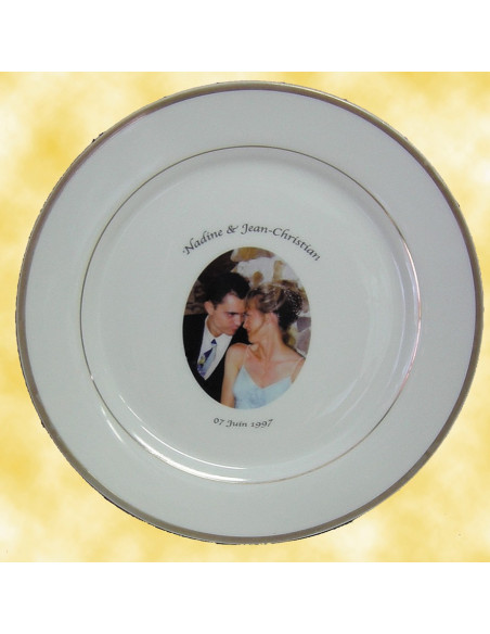 Assiette porcelaine personnalisée filet or avec photo