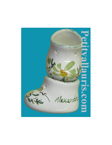 Chausson de naissance ou baptême décor fleur verte