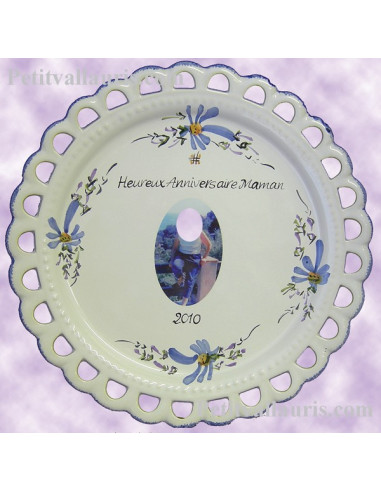 Assiette d'anniversaire modèle Tournesol avec photo décor Fleur bleue
