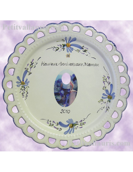 Assiette d'anniversaire en faience modèle Tournesol avec photo personnalisée  décor Fleur bleue