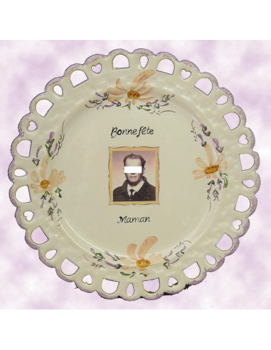 Assiette d'anniversaire modèle Tournesol avec photo décor Fleur Saumon