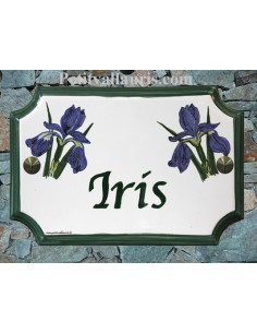 Plaque de Maison rectangle décor et texte personnalisés iris bleus inscription et bord verts