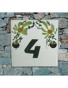 Numéro de rue ou de maison décor fleurs vertes pose horizontale