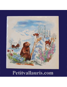 Carreau décor Marmottes et Chamois en montagne 10 x 10 cm