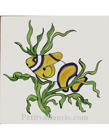 Carreau décor poisson exotique et algues n°8 15 x 15 cm
