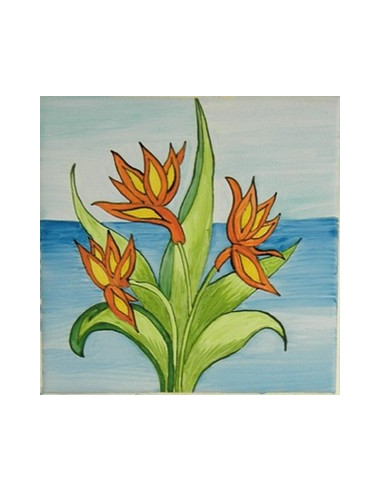 Carreau mural en faïence motif artisanal naïf n°9- fleurs Strelitzia