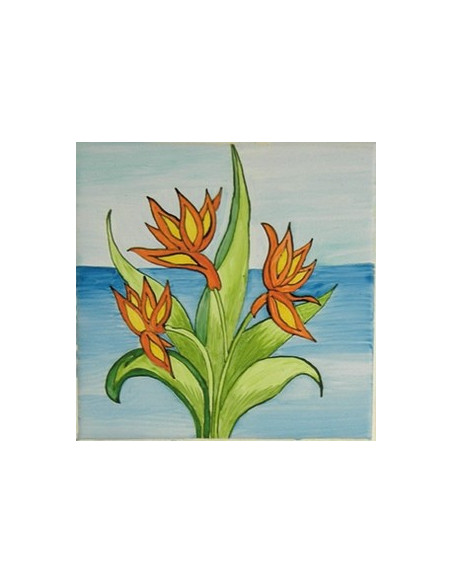 Carreau mural en faïence motif artisanal naïf n°9- fleurs Strelitzia