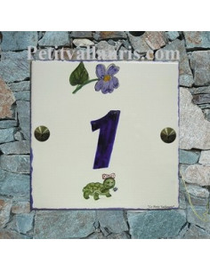 Numéro de Maison pose horizontale décor tortue et violette texte bleu