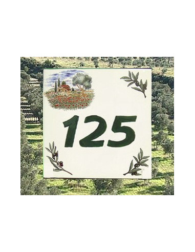 Numéro de Maison pose horizontale décor cabanon et brins d'olive texte vert