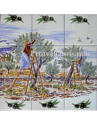 Petite fresque murale décor Récolte des olives 30 x 30 cm
