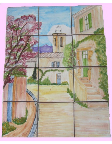 Fresque mural carrelage décor Clocher et village Provençal