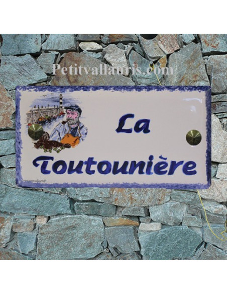 Plaque de maison faience émaillée décor pecheur breton inscription personnalisée verte