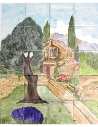 Fresque murale sur carrelage décor vieille bastide et olivier