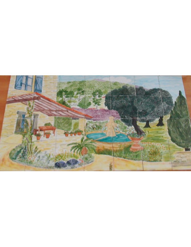 Fresque murale carrelage décor Pergola, Fontaine et Olivier