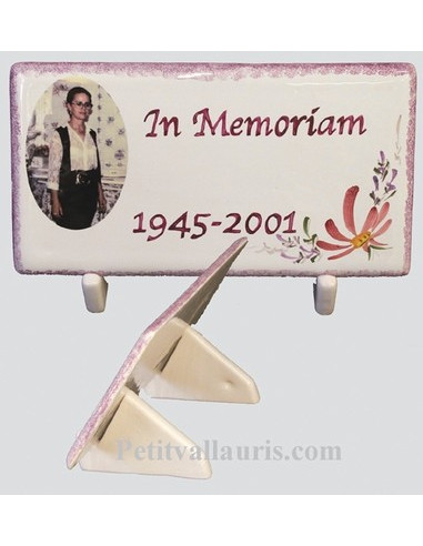 Plaque funéraire décor fleuri rose et texte personnalisé photo couleur