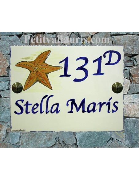 plaque de maison céramique personnalisée décor étoile(s) de mer inscription couleur bleue