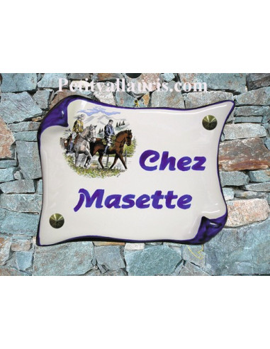 Plaque de Maison parchemin décor cavalier inscription personnalisée bleue
