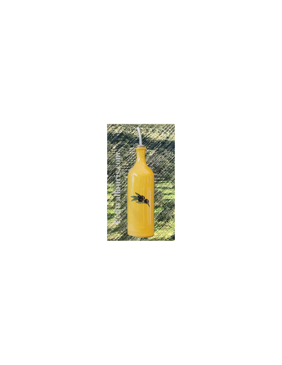 Huilier ou vinaigrier en faience forme bouteille de couleur jaune Provençal  décor olives noires