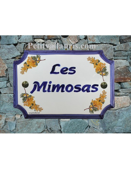 Plaque de Maison rectangle décor brins de mimosas inscription personnalisée bleue