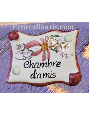 Plaque de porte modèle parchemin décor tradition fleurs roses avec  inscription Chambre d'amis