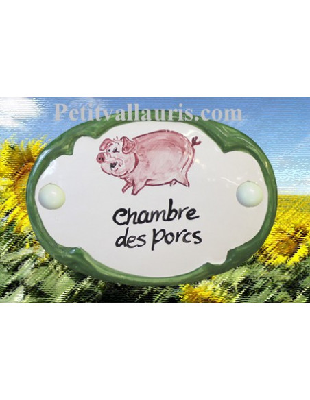 Plaque de porte en faience blanche modèle ovale motif artisanal chambre des porcs avec personnalisation