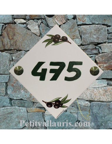 Numéro de maison décor Olives noires et texte vert pose diagonale