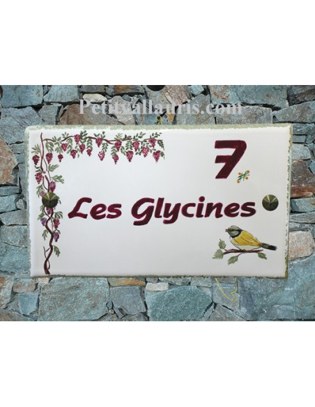 Plaque de Maison rectangle décor personnalisé Oiseau et Glycines