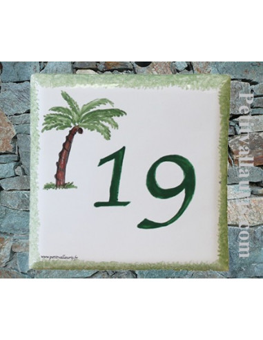 Numéro de maison en faïence décor palmier 
