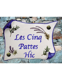 Plaque de Maison parchemin décor brins de lavandes et d'oliviers inscription personnalisée bleue