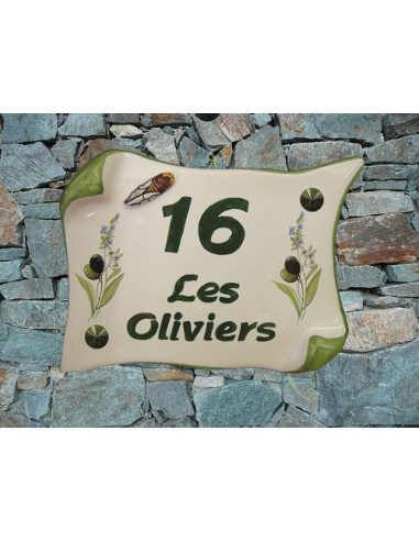 Plaque de Maison parchemin décor brins d'olives, lavandes et cigale en relief inscription personnalisée verte