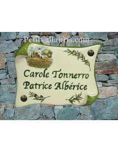 Plaque de Maison parchemin décor cabanon,champs de coquelicots et brins d'olivier inscription personnalisée verte