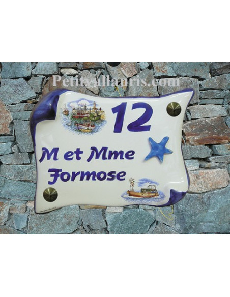 Plaque de Maison parchemin décor chalut et étoile des mers en relief inscription personnalisée bleue