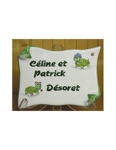 Plaque de Maison parchemin décor personnalisé tortues inscription verte