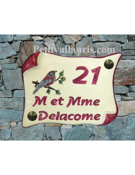 Plaque de Maison parchemin décor personnalisé oiseau ton rose inscription prune