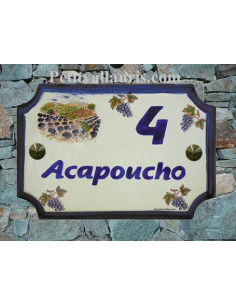 Plaque de Maison rectangle décor récolte des lavandes et grappes de raisin inscription personnalisée bleue