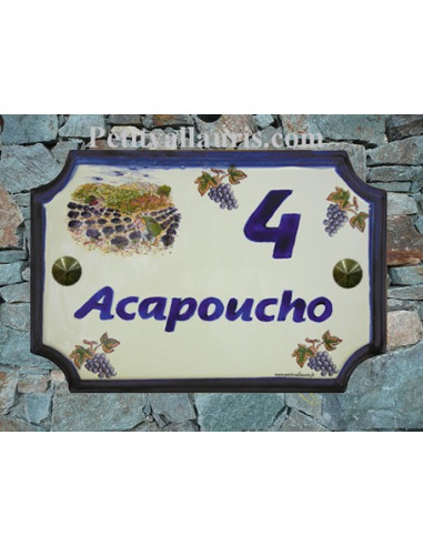 Plaque de Maison rectangle décor récolte des lavandes et grappes de raisin inscription personnalisée bleue