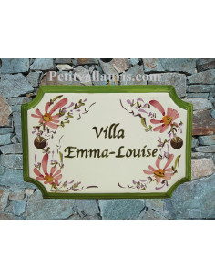 Plaque de Maison rectangle décor fleurs roses inscription personnalisée verte