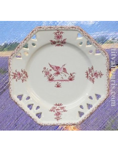 Assiette octogonale ajourée décor Tradition Vieux Moustiers rose D21
