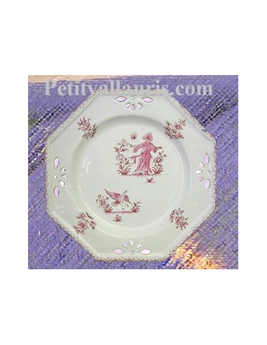Assiette modèle octogonale ajourée en faience blanche décorative décor reproduction moustiers rose D27