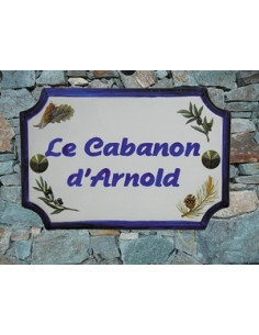 Plaque de Maison rectangle décor brins de lavandes,olives,pigne de pin et cigale inscription personnalisée bleue