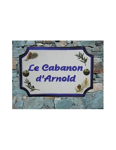 Plaque de Maison rectangle décor brins de lavandes,olives,pigne de pin et cigale inscription personnalisée bleue
