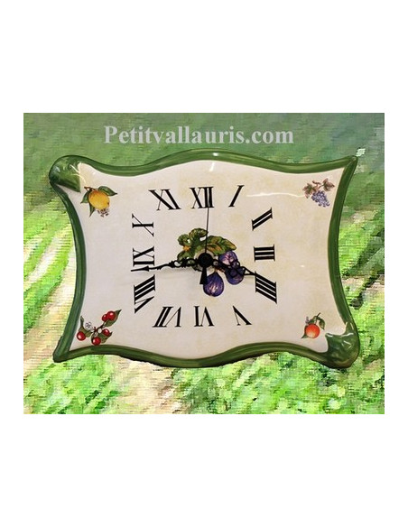 Horloge forme parchemin décor Fruit fond jaune paille