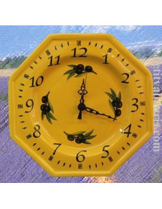 Horloge murale en faience modèle octogonale couleur Jaune provence et motif Olives noires