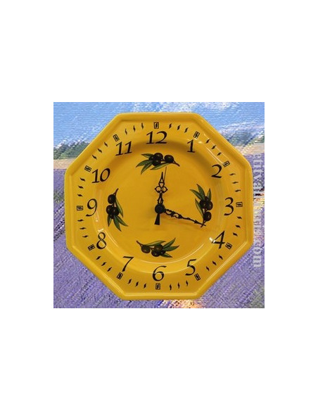 Horloge murale en faience modèle octogonale couleur Jaune provence et motif Olives noires