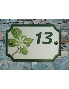 Plaque de Maison rectangle décor et texte personnalisés fleurs de tiaré inscription et bord verts