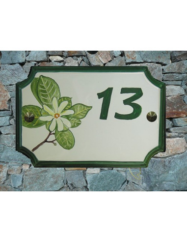 Plaque de Maison rectangle décor et texte personnalisés fleurs de tiaré inscription et bord verts