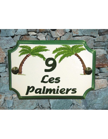Plaque de Maison rectangle décor et texte personnalisés les 2 palmiers-cocotiers inscription et bord verts