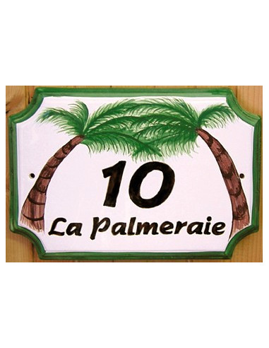 Plaque de Maison rectangle décor et texte personnalisés les 2 palmiers-cocotiers inscription marron et bord verts